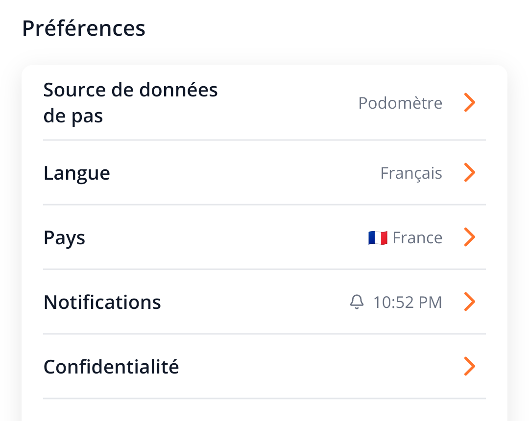 Paramètres, ligne Source de données de pas : Podomètre