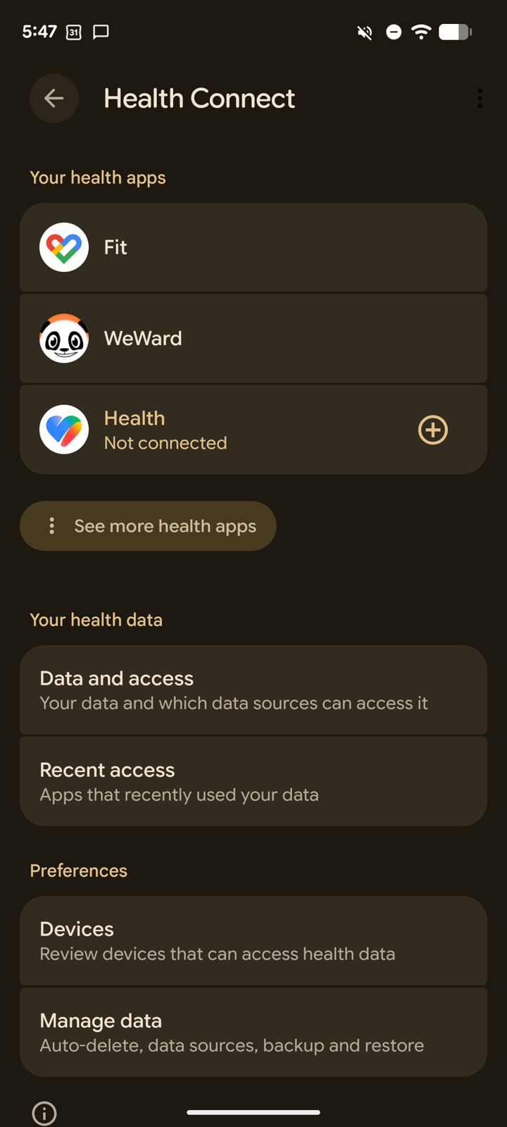 Accueil Health Connect : Fit et WeWard listées dans Vos applications de santé
