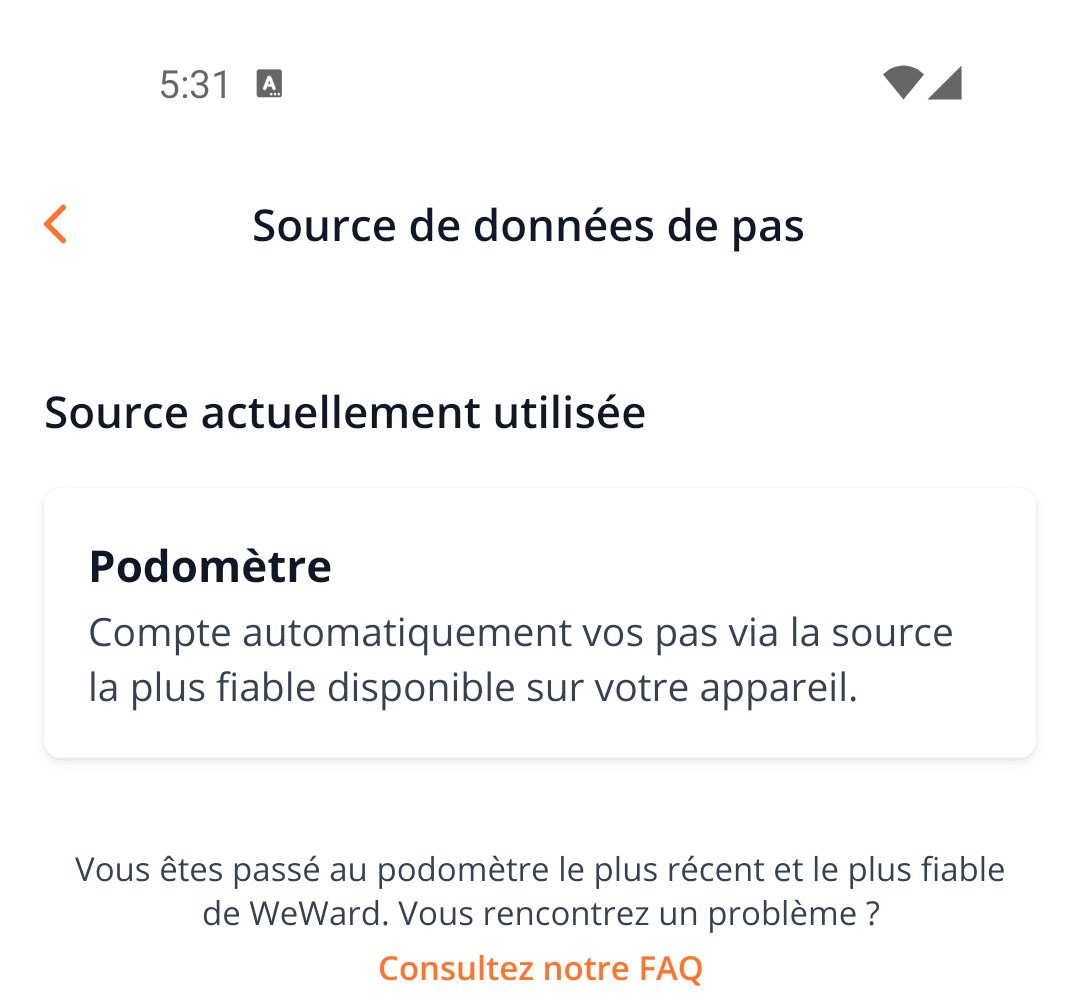 Page Source de données de pas montrant l'unique source Podomètre