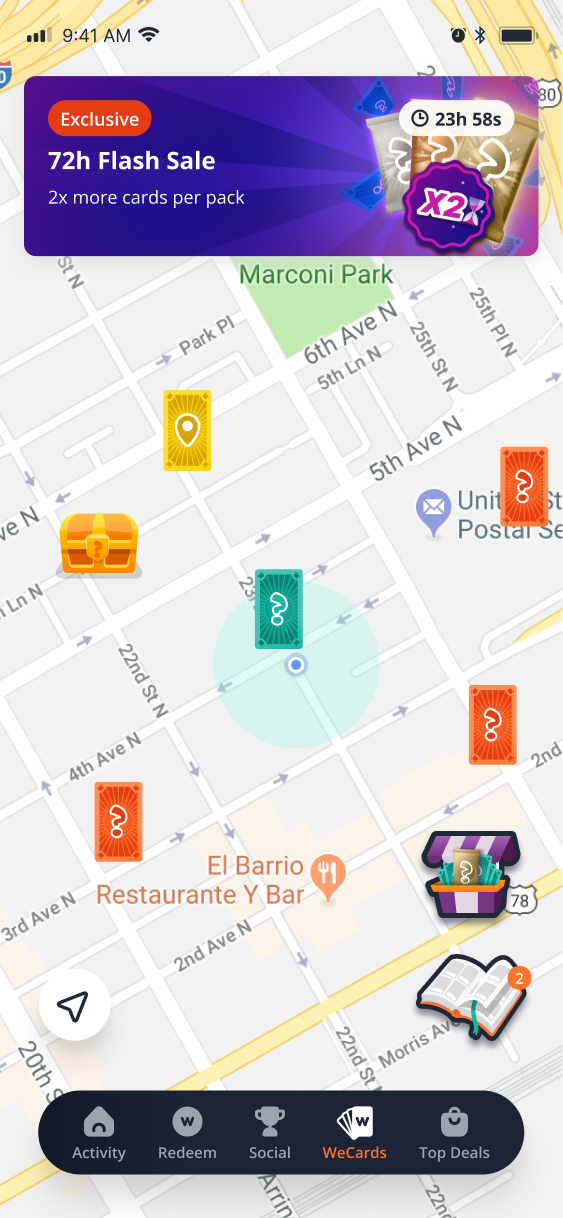 The WeCards map with a gold Unique Location card back marked with a location pin